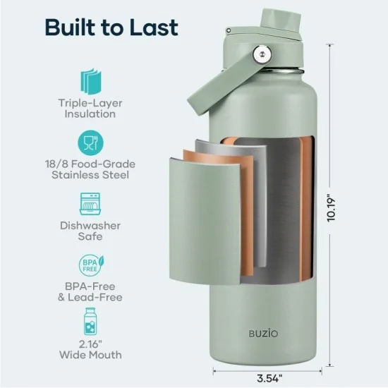 Buzio Duet Series Water Bottle with 2 Lids and Sleeve 1.2L - Green